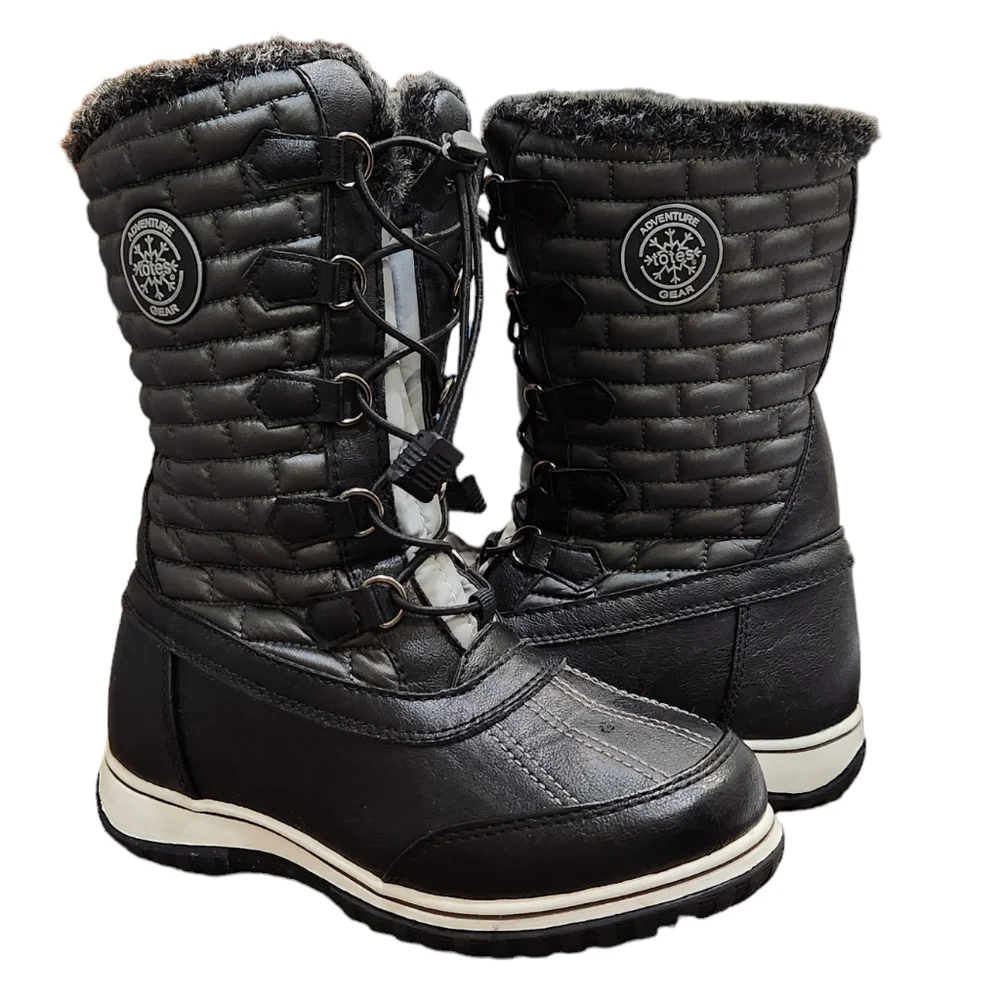 Totes Adventure Gear Snow Winter Boots Black Waterproof Adjustable Strings 6
